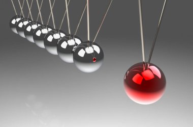 3D render. Perspektif Görünümü başka bir sarkaç grup kırmızı topu isabet önce. Bütün kavramı tek bir kuvvetin etkisi.