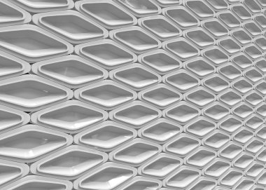 3D render. Perspektif Görünümü modern yuvarlak ızgara şekil desen duvar arka plan.