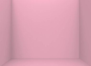 3D render. boş tatlı pembe renkli küp kutusunu cornor duvar arka planı.