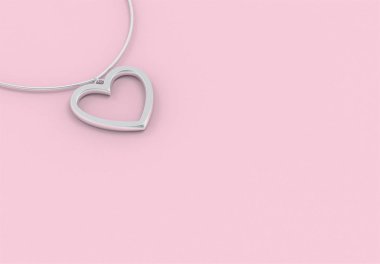 3D render. Tatlı pembe renkli duvar arka plan üzerinde gümüş kalp şekli kolye.
