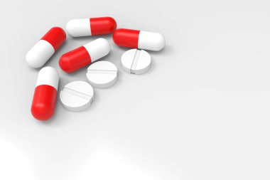 3D render. Kırmızı ve beyaz medecine hapları kopya alanı beyaz backgorund.