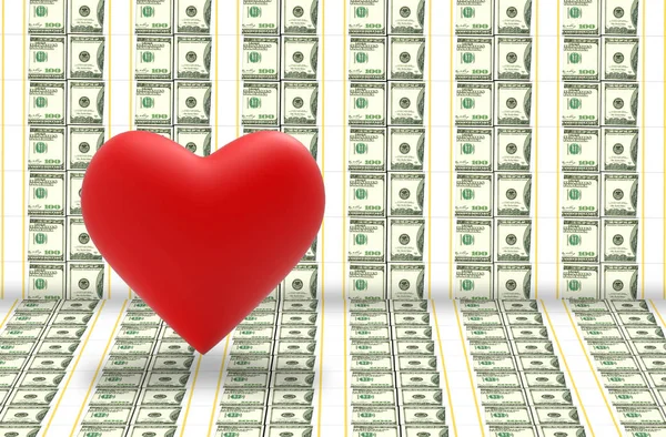 3d rendering. a red heart on US hundred dollar banknote stack wall background. I love money concept.