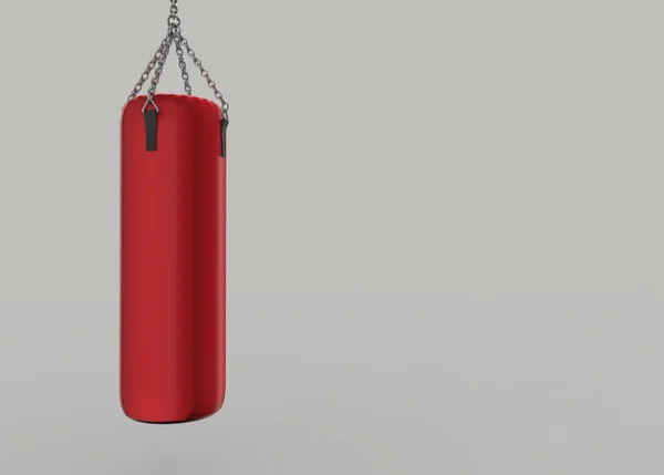 3D render. Kırmızı kum torbası ile kopya alanı gri arka plan asılı.