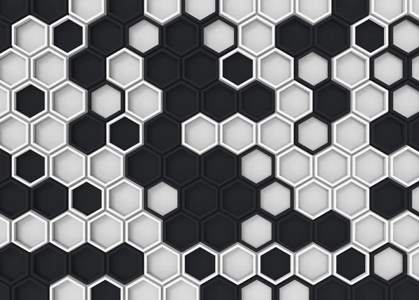 Renderização Aleatório Moderno Preto Branco Padrão Hexagonal Parede Fundo — Fotografia de Stock