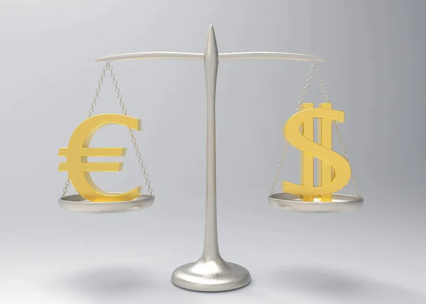 3d rendering. An equality of Golden Euro and Dollar currency sign on Silver balance scale.