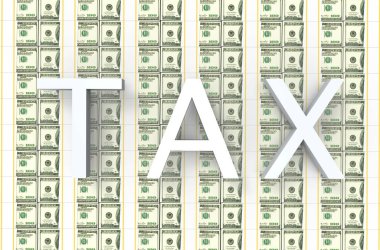 3D render. Yüz dolarlık banknotlar yığın duvar arka plan harf kelime bize vergi.