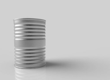 3D render. Kopyalama alanı gri arka plan ile çelik teneke kutu.