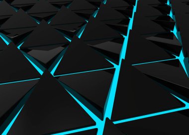 3D render. Perspektif Görünümü modern Siyah üçgen mavi ışık kat arka plan üzerinde döşeme.