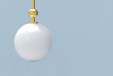 3D render. Modern küre topu ışık lamba yumuşak sesi mavi renkli kopya alanı duvar arka planla.