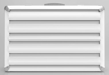 3D render. Bir açık gri arka plan üzerinde beyaz plastik bavul. herhangi bir ileti veya teşvik cevaplandırılması en iyi için kullanmak koymak.