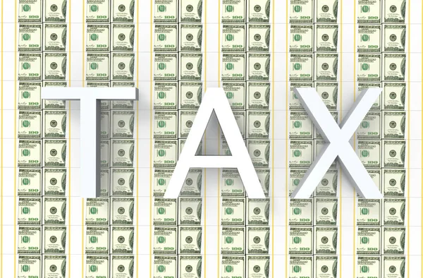 Renderização Tax Letras Palavra Sobre Notas Cem Dólares Americanos Empilhar — Fotografia de Stock