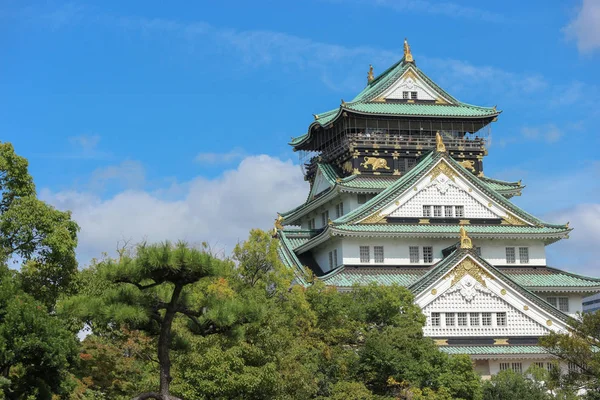 Famoso Paisaje Turístico Vista Del Castillo Osaka Con Hojas Verdes — Foto de Stock