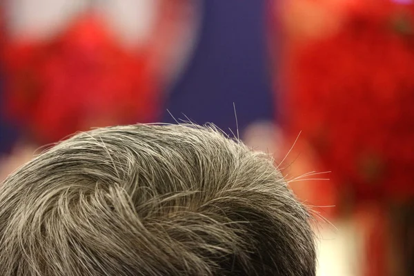 close up on back side of old man hair with blurred background.