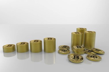 3D render. Altın cryptocurrency tasarruf bitcoin yığınları gri alan arka plan kopyalama.