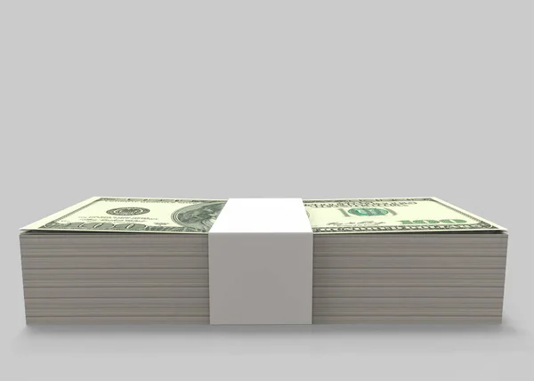 3D render. Kırpma yolu ile kopya alanı gri arka plan üzerinde bir yüz ABD Doları banka notları yığın yan görünüm.