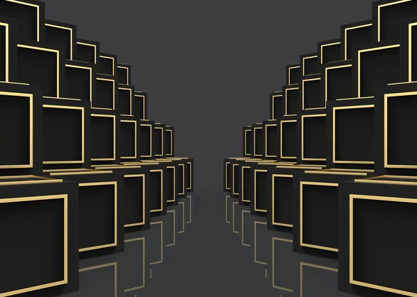 Rendering Modern Luxury Golden Frame Dark Cube Boxes Stack Rows — Stock Photo, Image