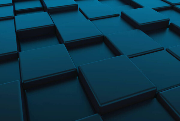 3d rendering. perspective view of dark blue square round cube boxes stack floor background.