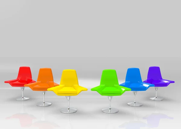 Renderowania Grupa Krzesła Kolorów Tęczy Kopii Przestrzeni Szary Kolor Ściany — Zdjęcie stockowe