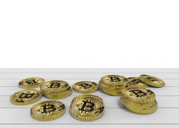 Rendering Golden Crypto Bitcoins Wood Table White Copy Space Wall — Stock Photo, Image