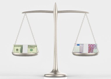 3D render. Bize gümüş denge ölçekte Euro banka notları ile dolar karşılaştırmak.