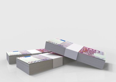 3D render. 500 euro banknot yığınları gri alan arka plan kopyalama.