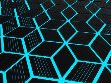 3D render. Perspektif Görünümü modern mavi ışık altıgen küp desen kat arka plan.