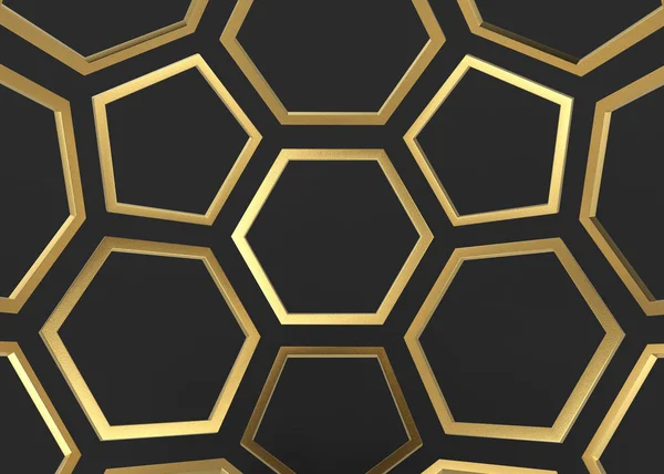 Rendering Luxury Golden Hexagonal Pentagonal Shape Dark Wall Background — Stock Photo, Image