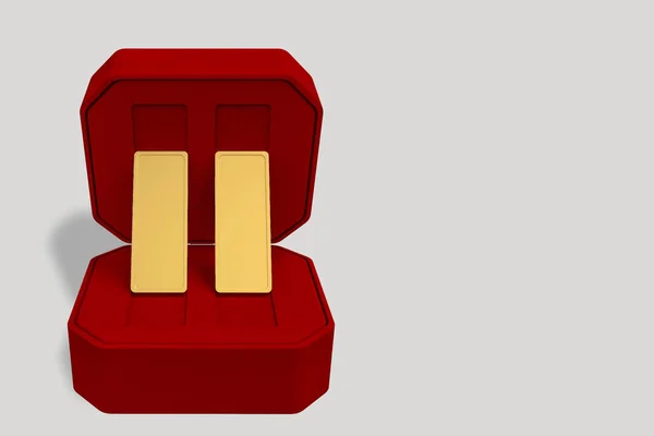Рендеринг Два Золотых Слитка Присутствуют Бархатной Роскошной Красной Коробке Копировальном — стоковое фото