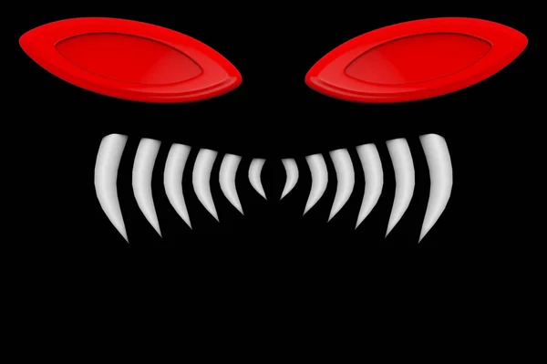 3d rendering. scary halloween devil eyes and tooth on black background.