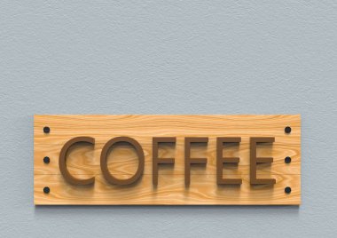 3d render. Kopya alan çimento arka plan kahverengi ahşap panel panosu üzerinde Kahve harf kelime.