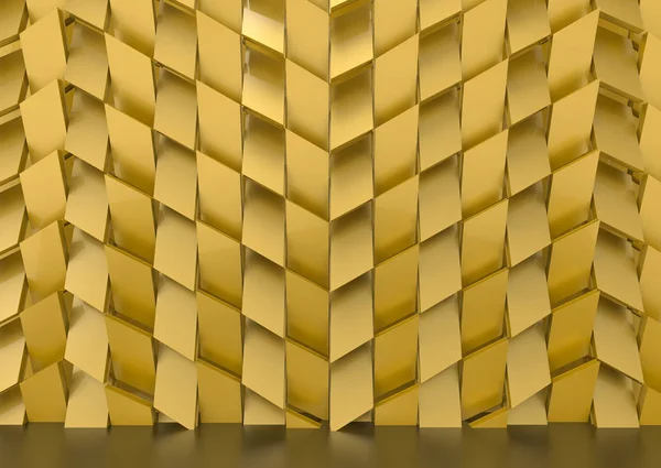 Prostorové Vykreslování Luxusní Zlatý Trapedzoid Tvar Dlaždice Pozadí Stěny — Stock fotografie