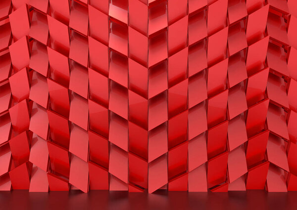 3d rendering. Luxurious red trapedzoid shape tile pattern wall background.
