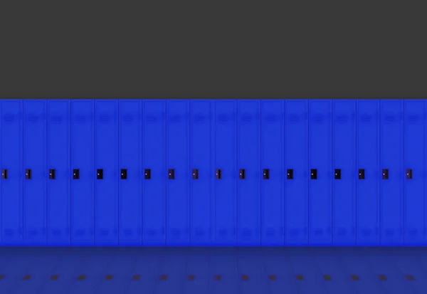 Рендеринг Голубые Металлические Шкафчики Ряд Темно Сером Фоне Стены — стоковое фото