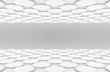 3d render. arka plan olarak gri duvarlı beyaz dairesel düğme şekli desen tasarım zemin perspektif görünümü.