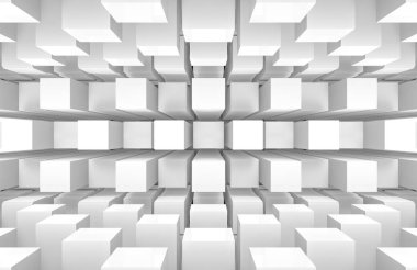 3D görüntüleme. modern fütürist beyaz kare yuvarlak küp kutular duvar ve zemin tasarım sanat arka planı.
