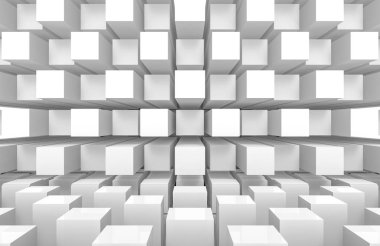 3D görüntüleme. modern fütürist beyaz kare yuvarlak küp kutular duvar ve zemin tasarım sanat arka planı.