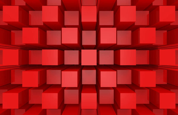 3d rendering. modern abstract random red square cube box bar stack wall design art background.