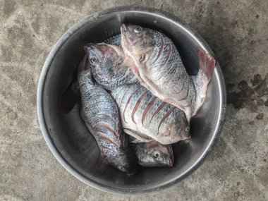 siyah kase dilim tilapia balıklar üst görünümü, pişirme için hazırlamak.