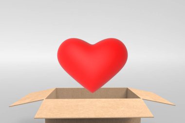 3d render. Kopya alanı gri arka plan üzerinde açılan kağıt borwn kutusundan bir kırmızı kalp şekli nesne sokulması.