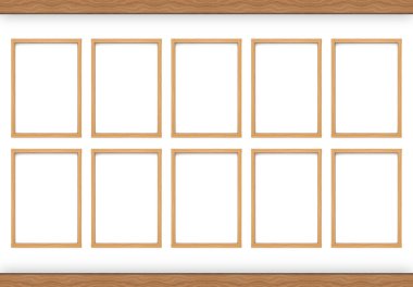 3d render. Beyaz duvar backgorund modern boş basit dikey klasik tarzı ahşap resim çerçeveleri.