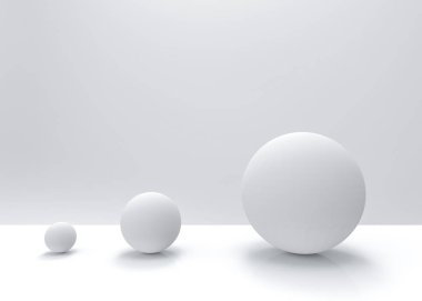 3d render. gri backgorund üzerinde basit beyaz küçük büyük küre topu nesne. büyüme veya evrim kavramı. 