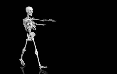 3D görüntüleme. Siyah arka planda yürüyen hayalet insan iskeleti kemikleri. Korku Cadılar Bayramı konsepti.