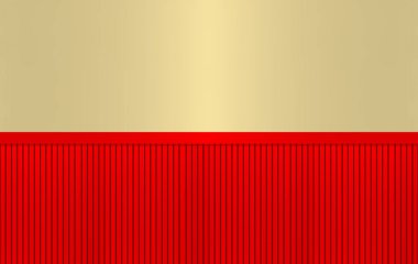 3D görüntüleme. Altın duvar arkaplanındaki lüks kırmızı paralel panel.