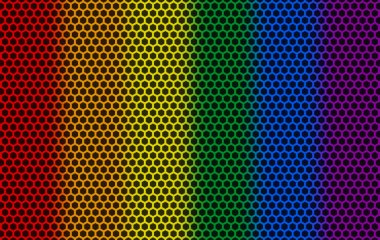 3D görüntüleme. Altıgen desenli örgü duvar arka planında Lgbt gökkuşağı renk bayrağı ışığı.