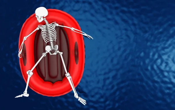 Рендеринг Человеческая Скелетная Кость Лежащая Красной Спасательной Лодке Одиночестве Синем — стоковое фото