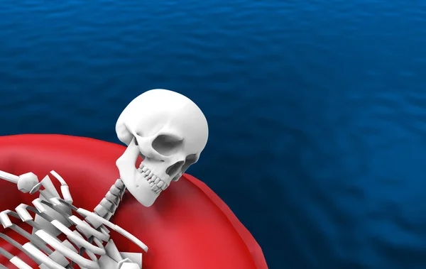 Återgivning Ett Mänskligt Skelett Ben Som Ligger Rött Liv Räddningsbåt — Stockfoto