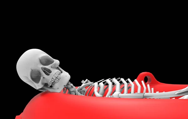 Рендеринг Человеческая Скелетная Кость Лежащая Красной Спасательной Шлюпке Вырезанной Дорожкой — стоковое фото