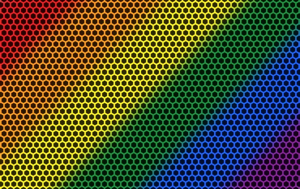 3Dレンダリング 六角形のパターンメッシュ壁の背景に小さな虹色の旗の光 — ストック写真