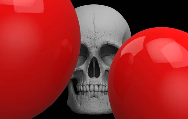 Renderização Grande Balão Vermelho Com Osso Crânio Cabeça Fundo Preto — Fotografia de Stock
