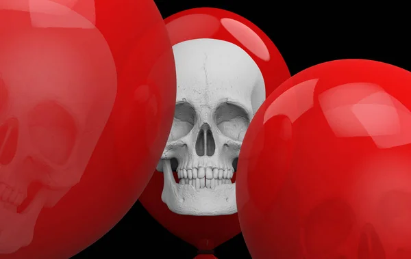 Renderowanie Duży Czerwony Balon Kością Czaszki Czarnym Tle Horror Halloween — Zdjęcie stockowe